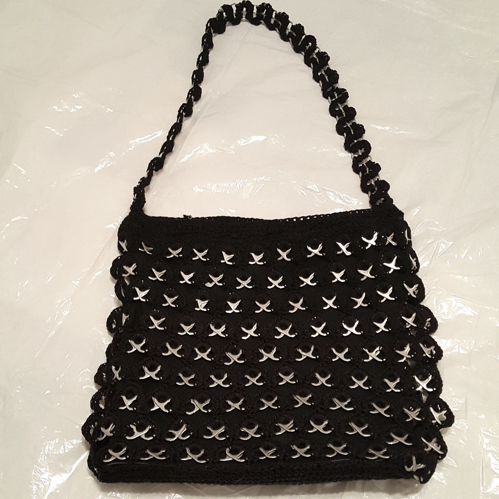 Crochet black bag with silver accents